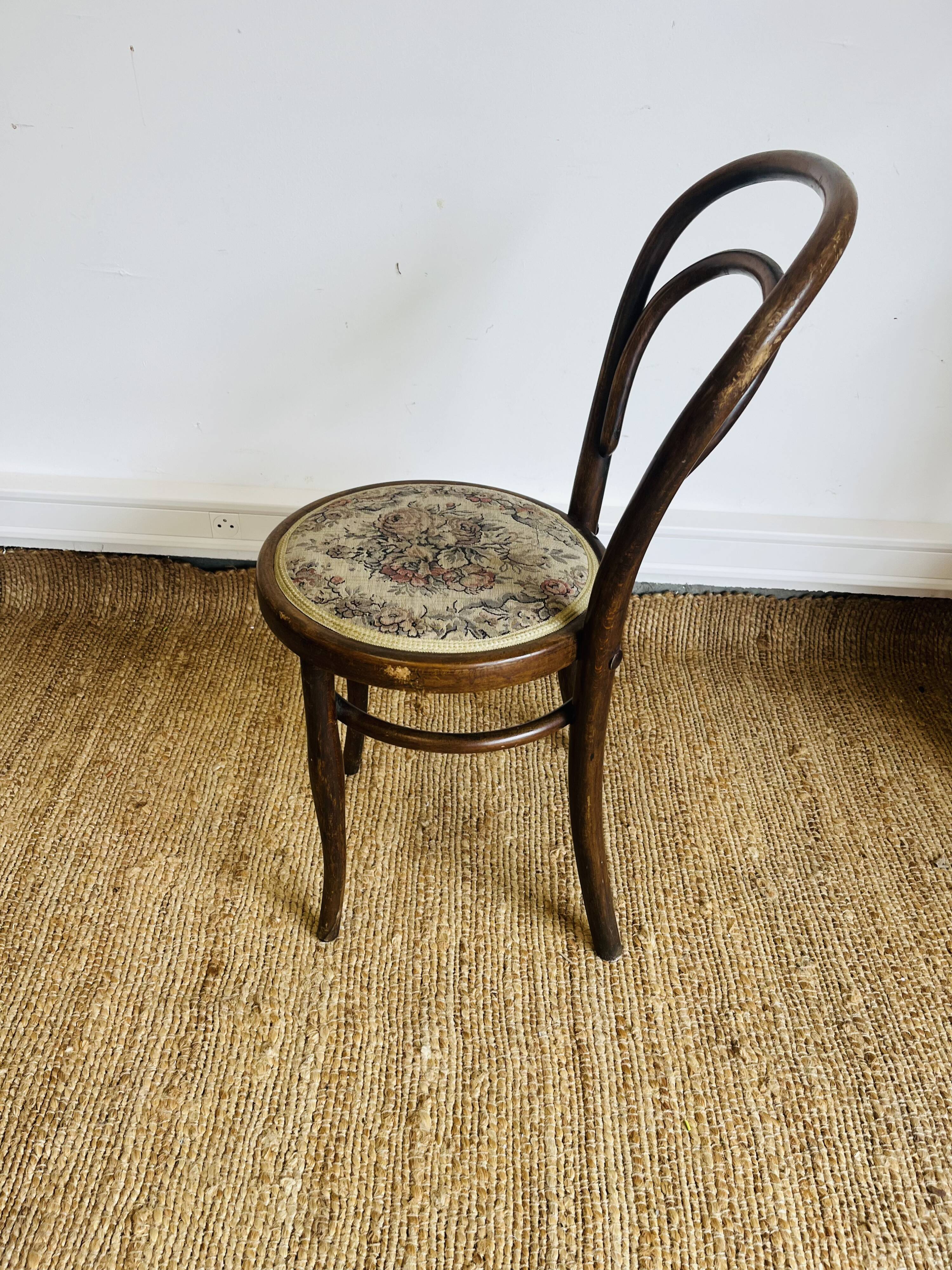 Pair of vintage bistro chairs – bentwood – floral upholstered seat