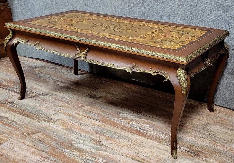 Louis XV style coffee table in marquetry and patinated bronzes circa 1950