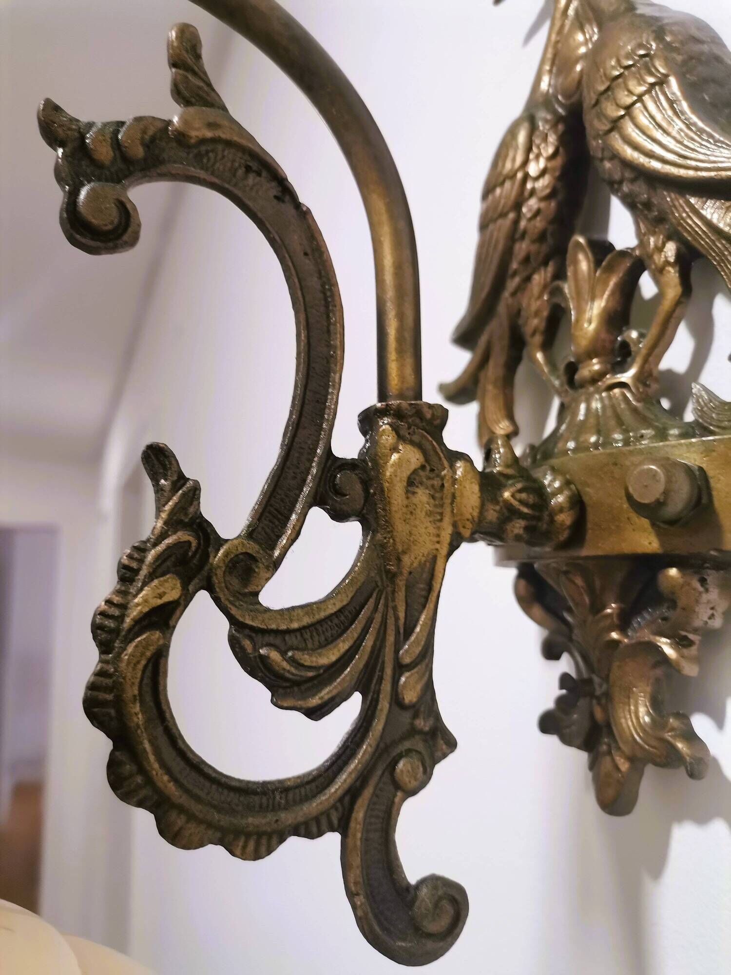 Art Deco iridescent glass and cast iron birds wall lamp 1940s