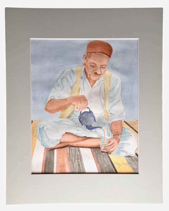 Watercolor portrait Tea time 1970