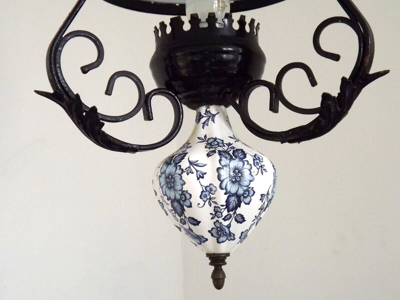 French country lantern ceiling light blue floral finial opaque glass shade 4521