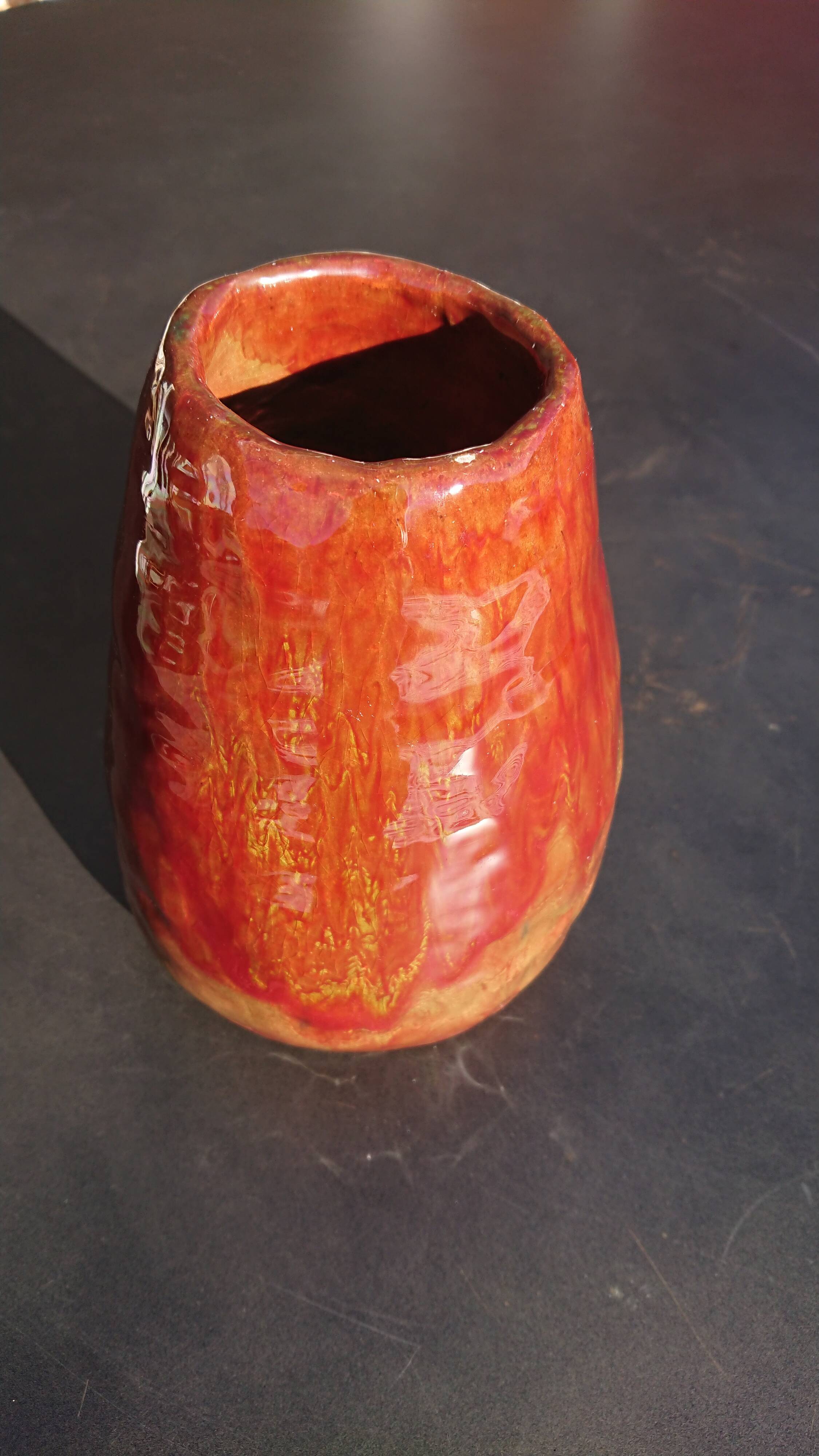 Burgundy enamelled brutalist vase