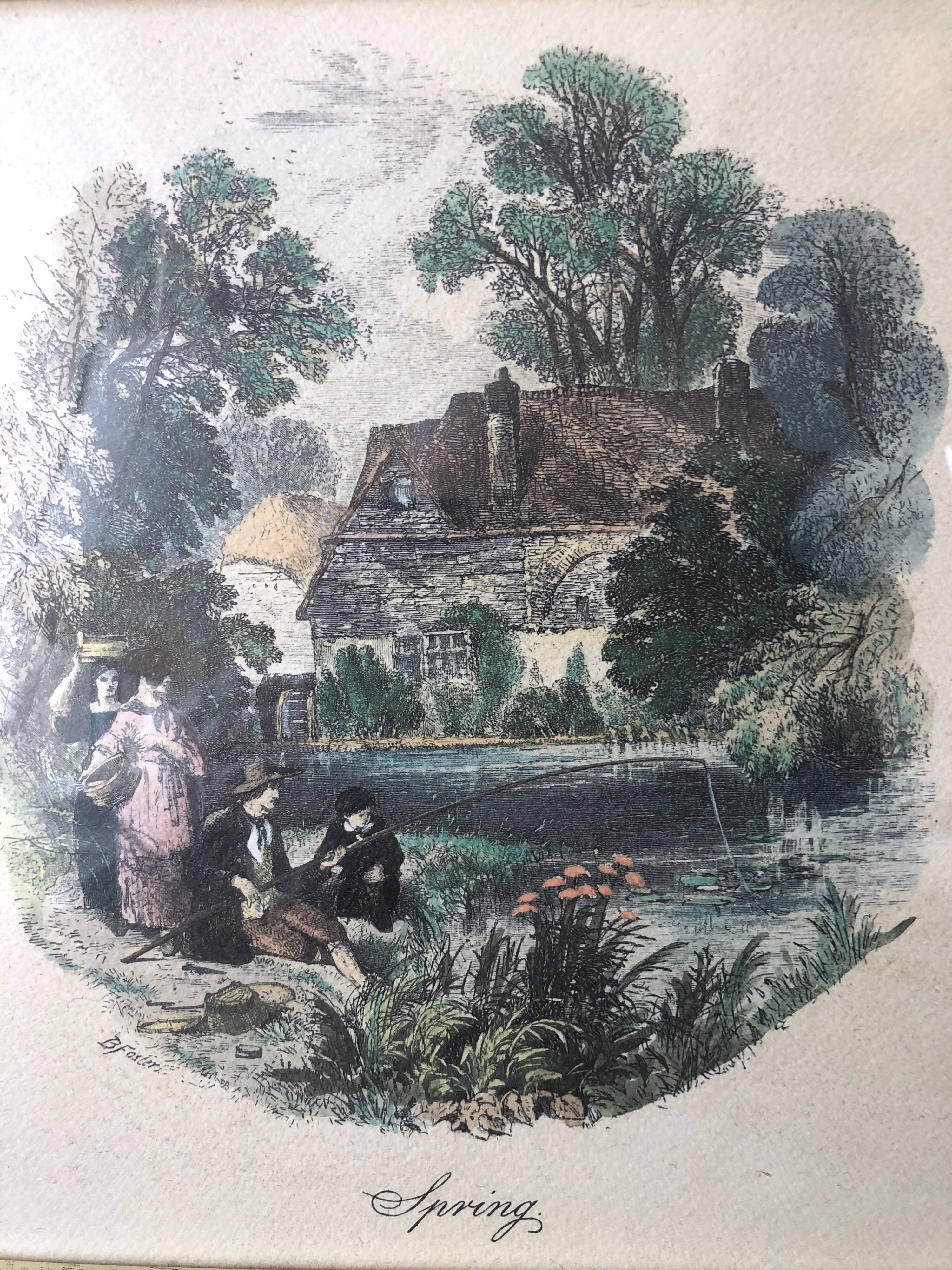 Set of 4 framed antique prints - 4 seasons