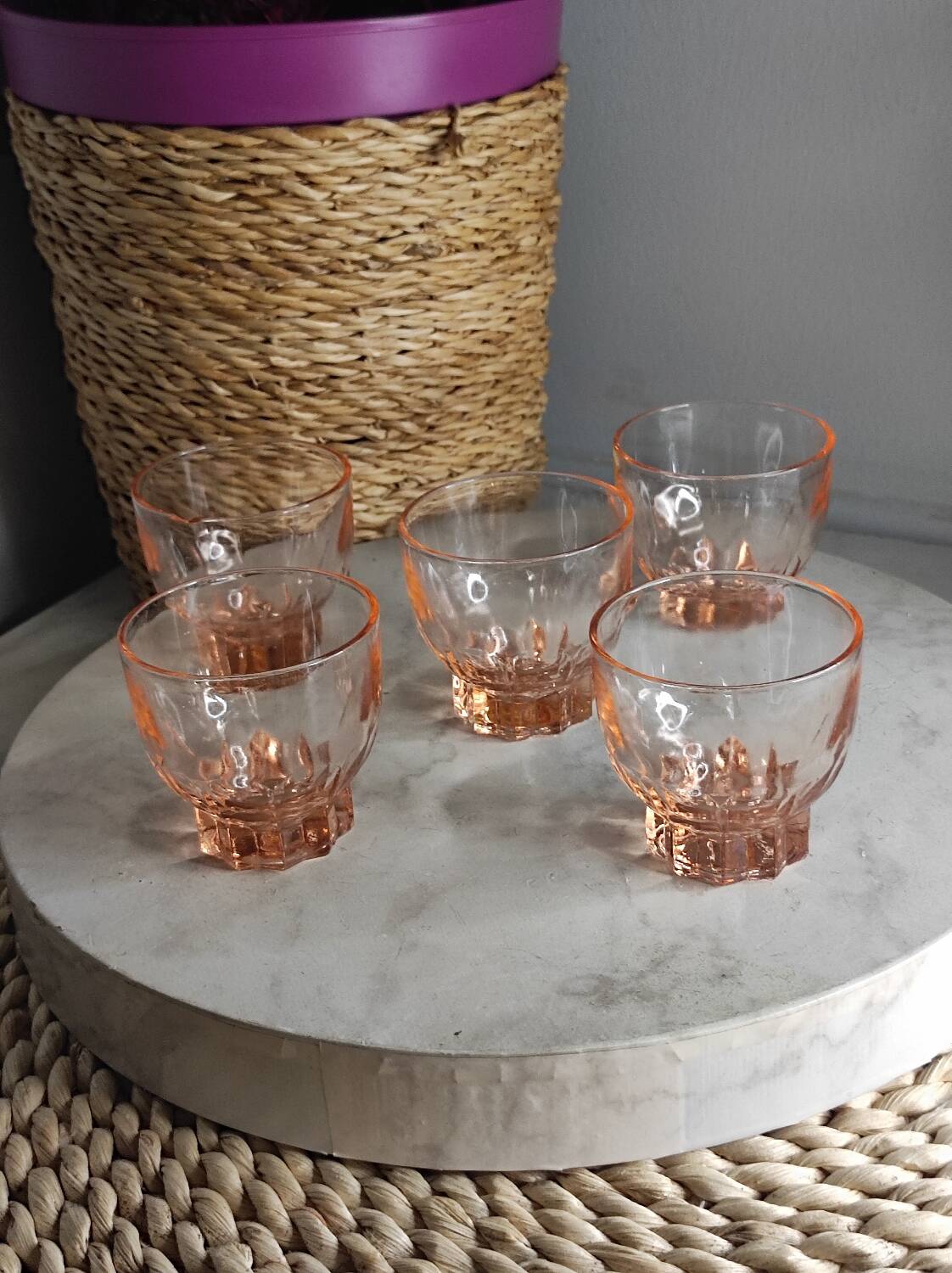 Pink glass liqueur cups from the 1940s
