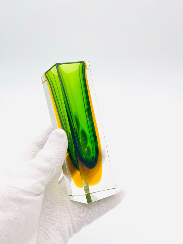 Vase Cesare Toso - Murano - Sommerso - Pentagonal vert et ambre