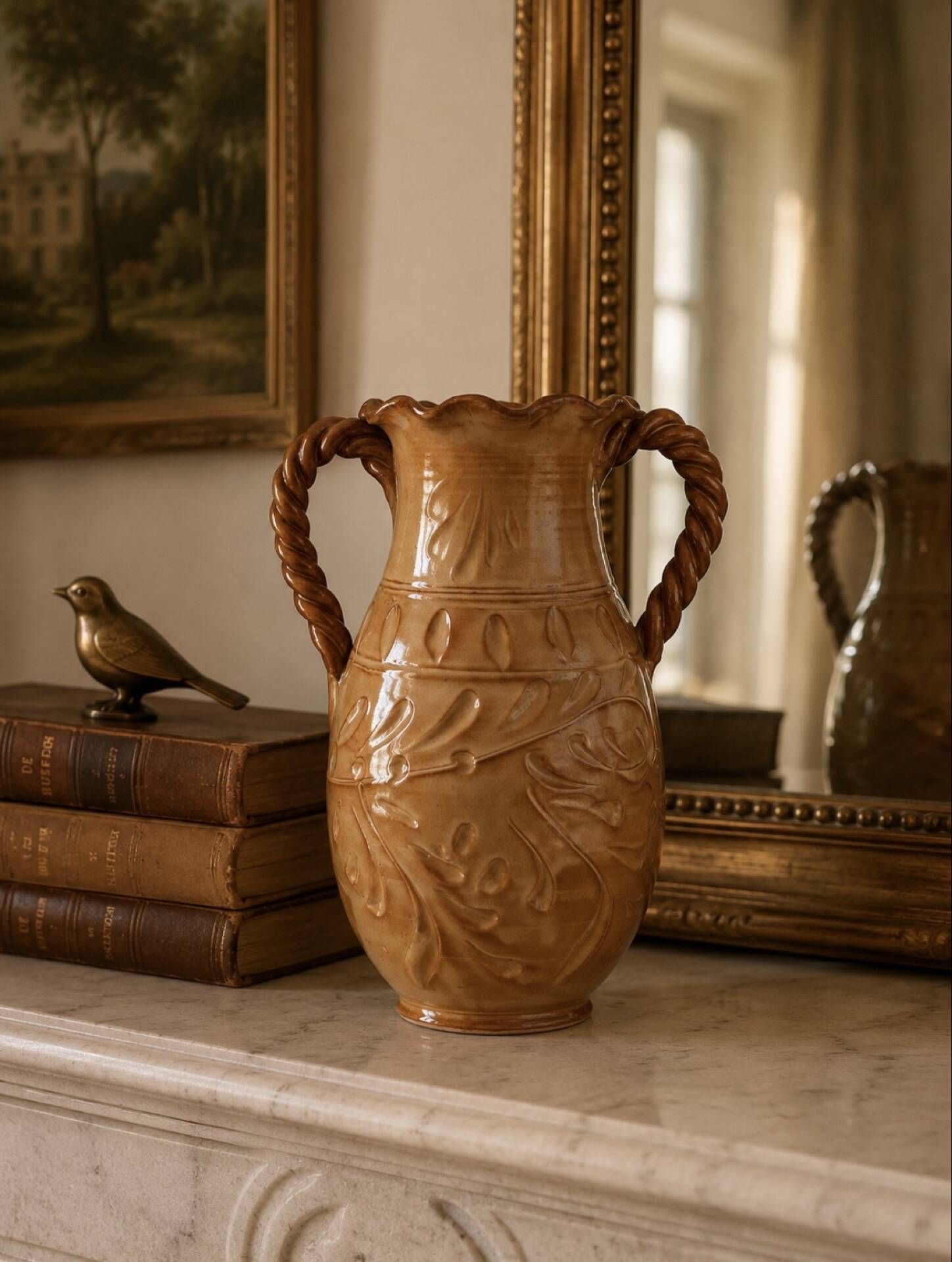 Large antique ceramic vase with two twisted handles.