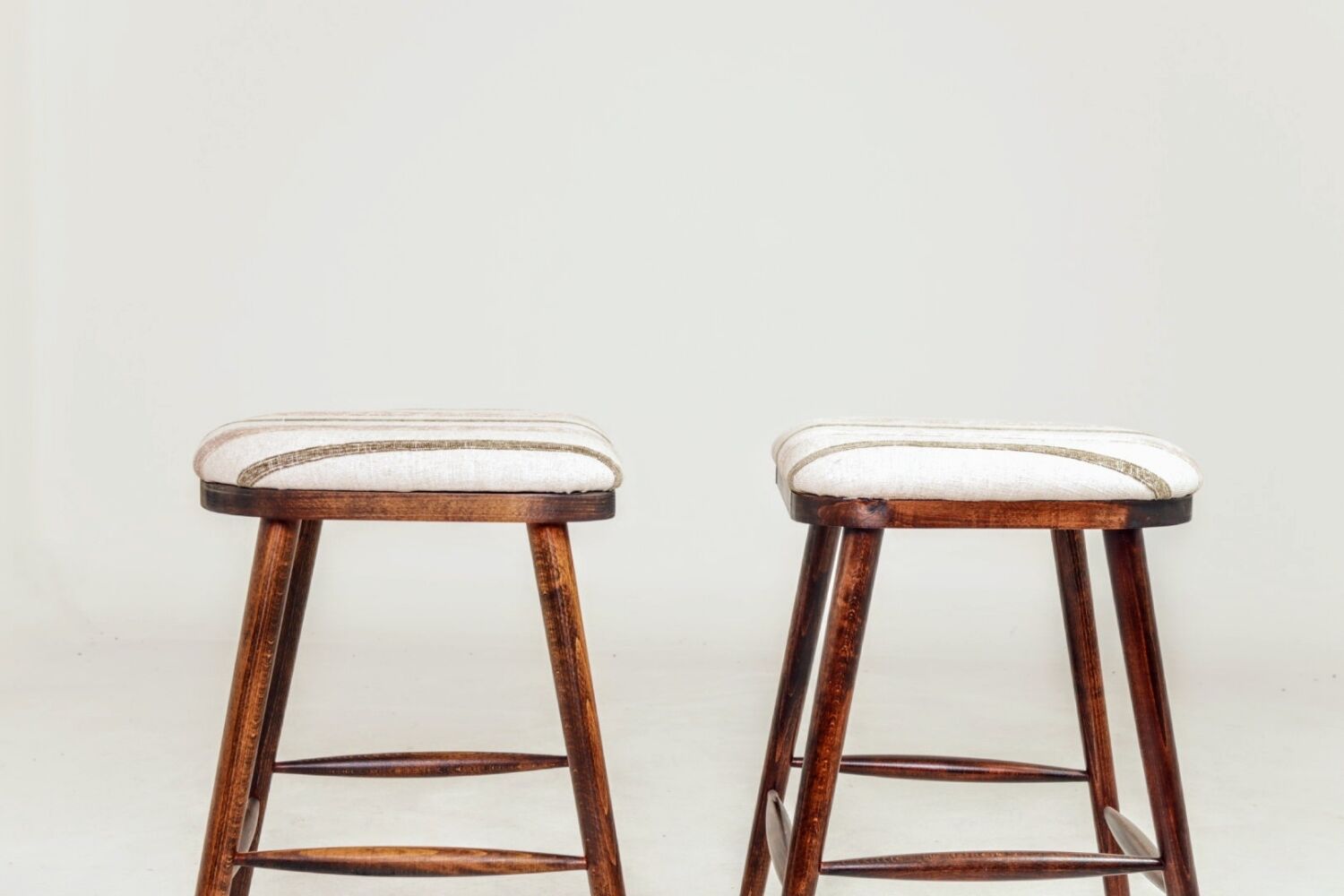 Rustic Beech Bar Stools – Striped Jacquard Fabric