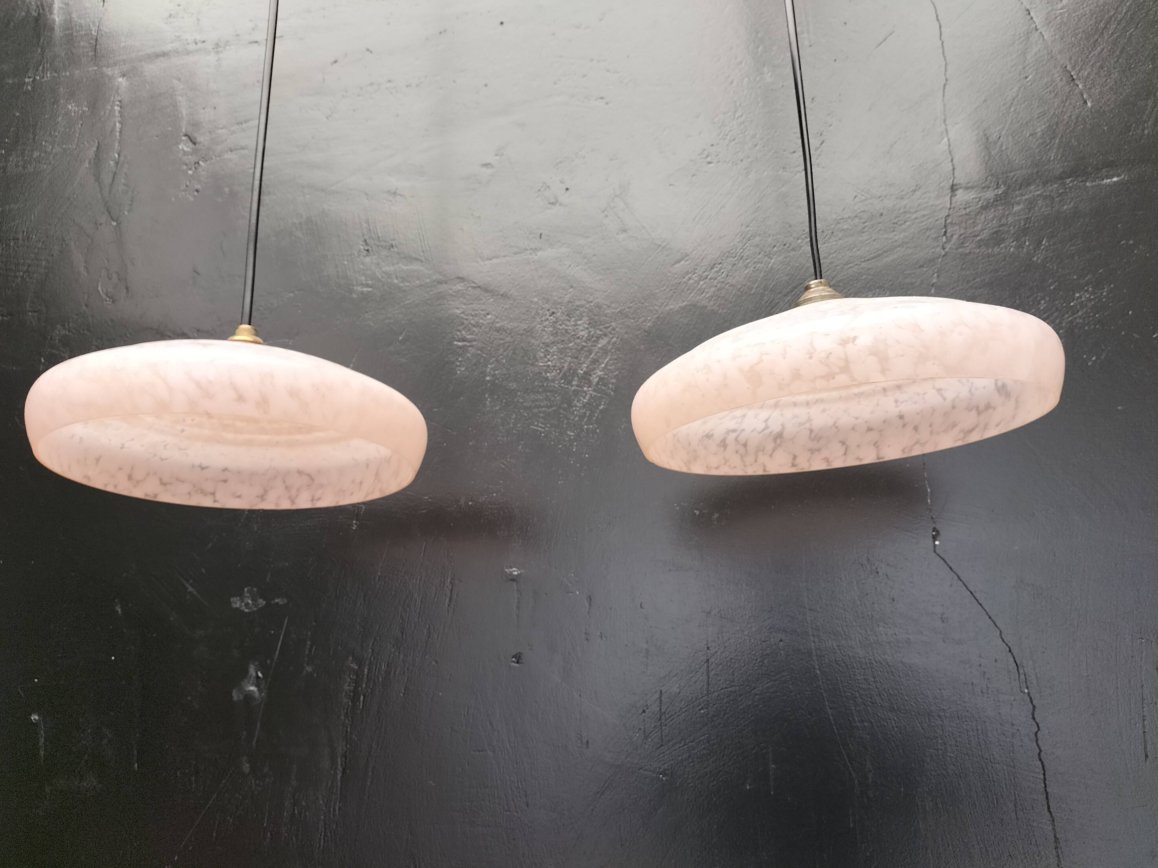 2 speckled pink opaline pendant lights