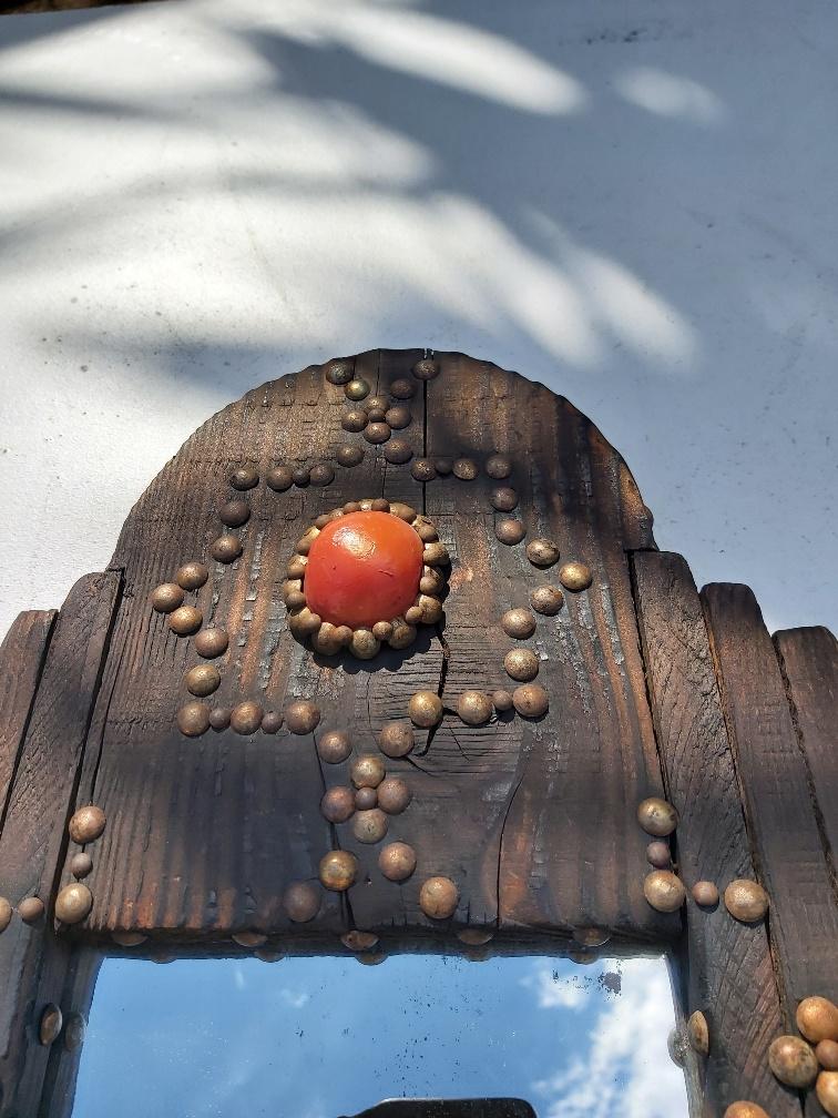 Ancient brutalist oriental wooden mirror 23x53cm