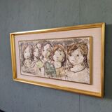 Mid-century modern swedish "the children" figurative framed oil painting