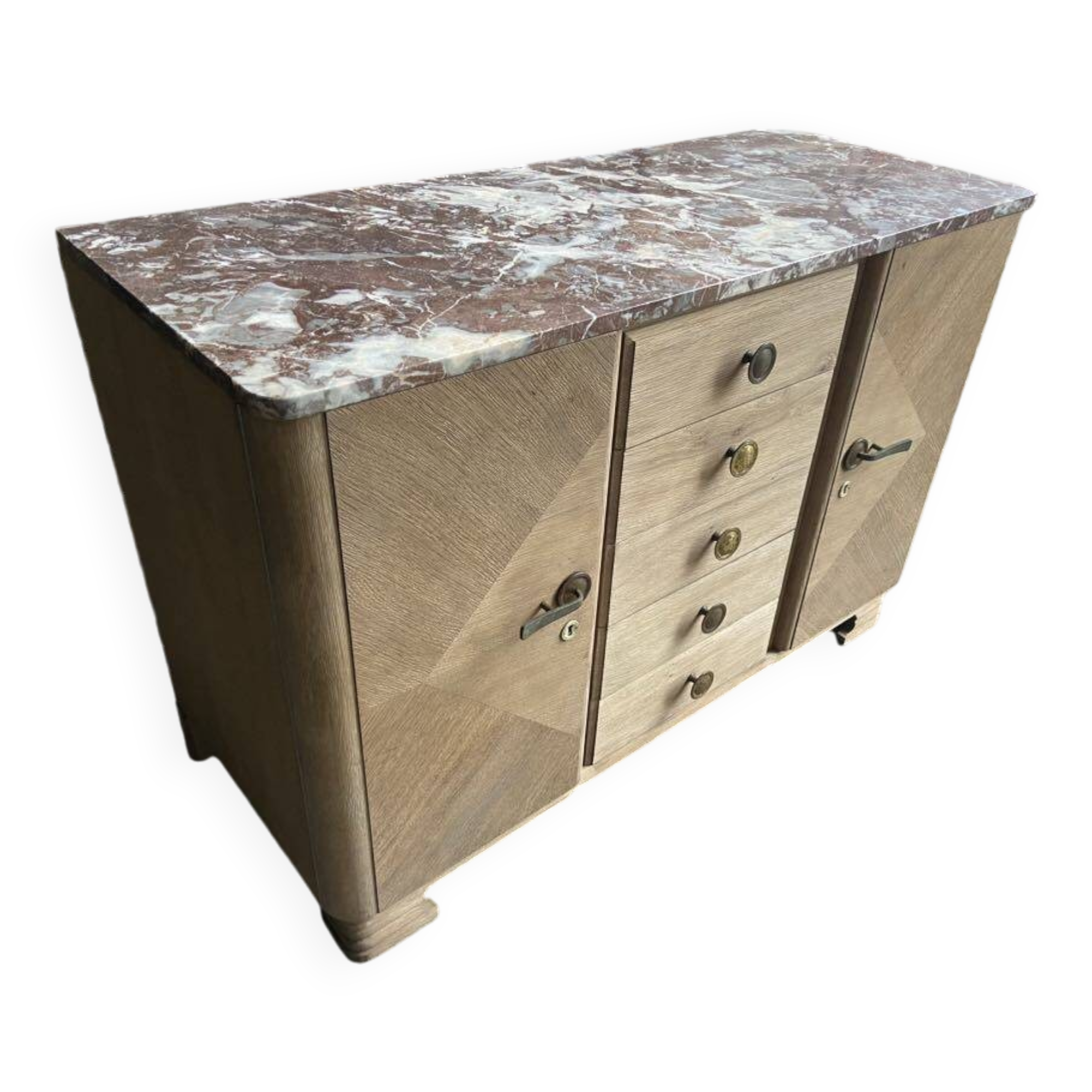 Raw wood chest of drawers with marble top