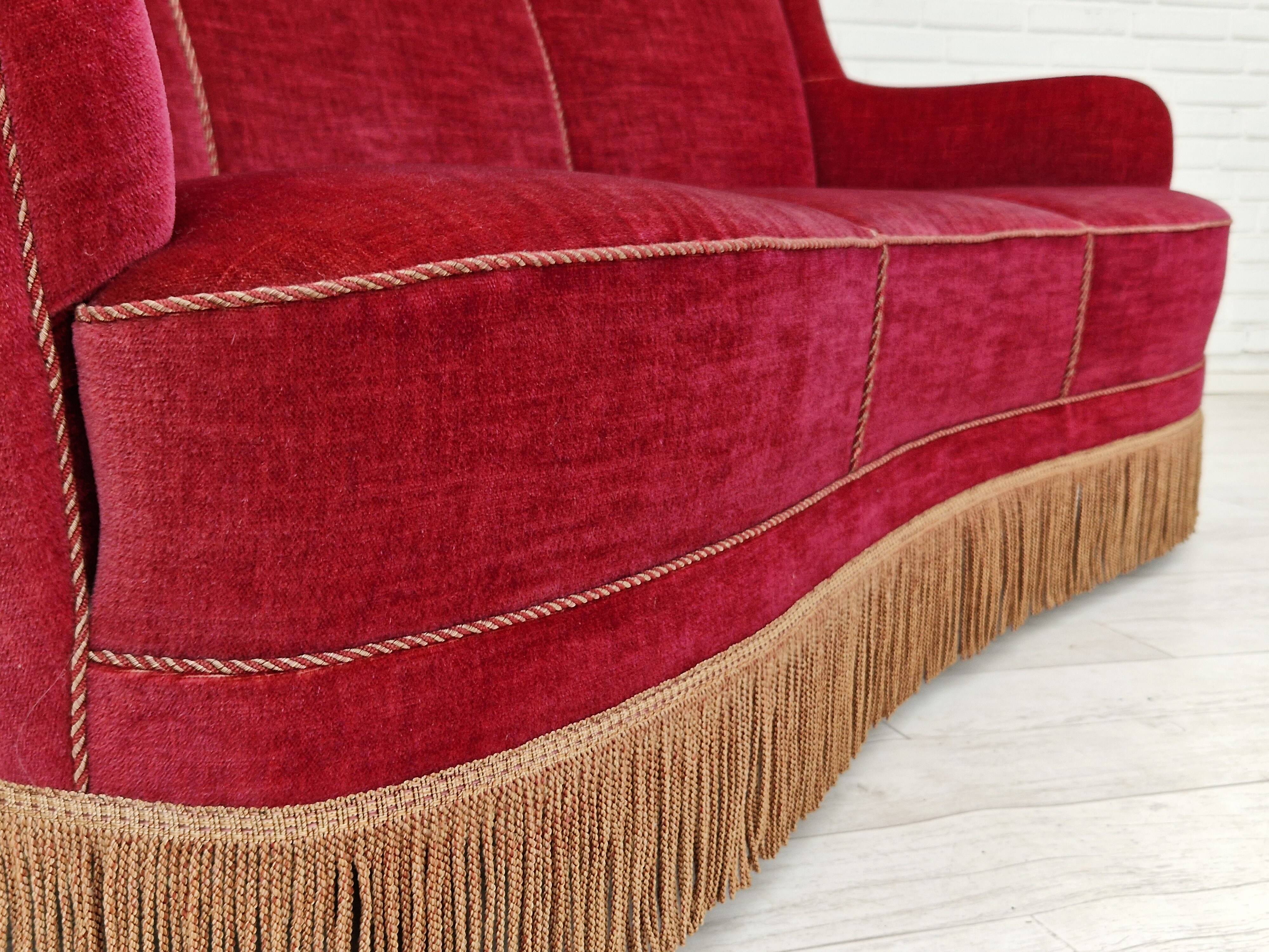 1970s, Danish vintage 2 seater "Banana" sofa, cherry-red velour, original very good condition.