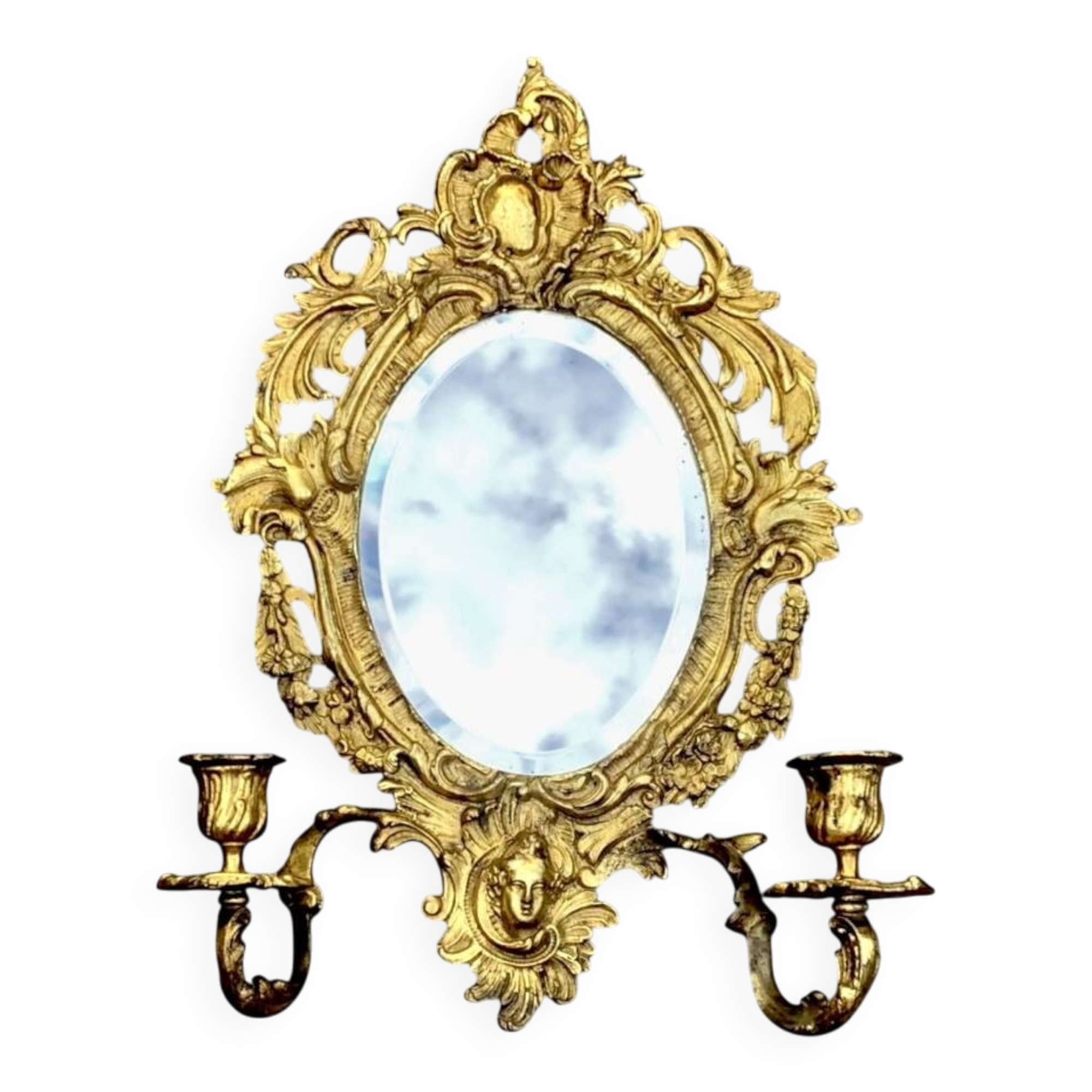 Antique bronze wall sconce with two candlesticks and beveled mirror