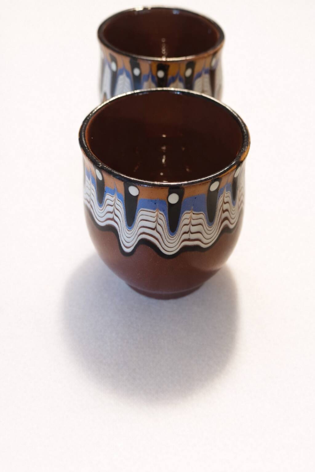 Set of 4 Bulgarian ceramic Troyan mugs from the 1970s, vintage glazed stoneware.