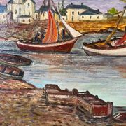 Bateaux au petit port, signé F. Lombard
