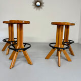 Set of 4 solid elm wood bar stools, vintage 70s design