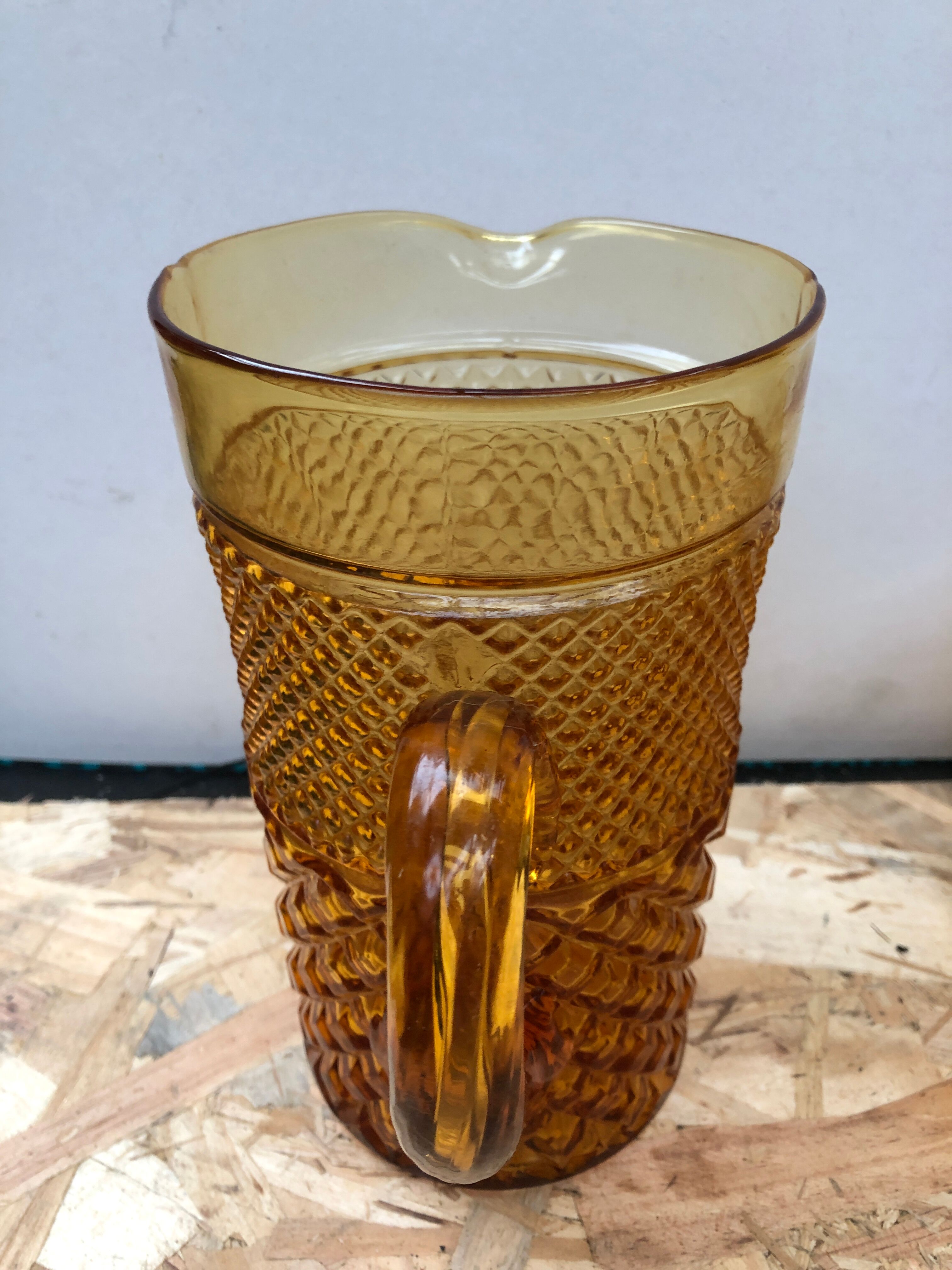 Old Juice Carafe Service + 6 Vintage Geometric Orange Molded Glass Glasses