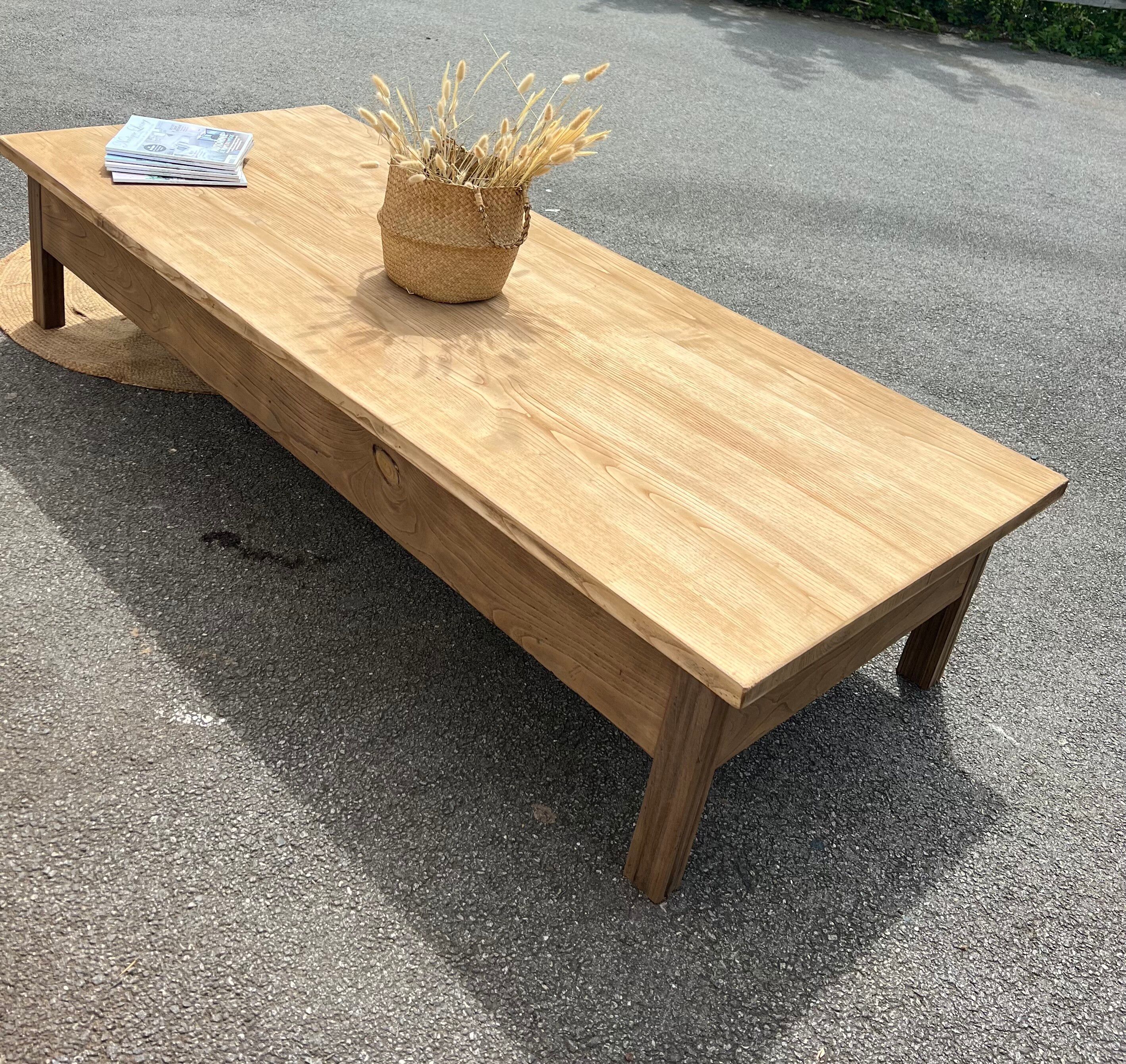 Large XXL farmhouse coffee table in raw solid oak.