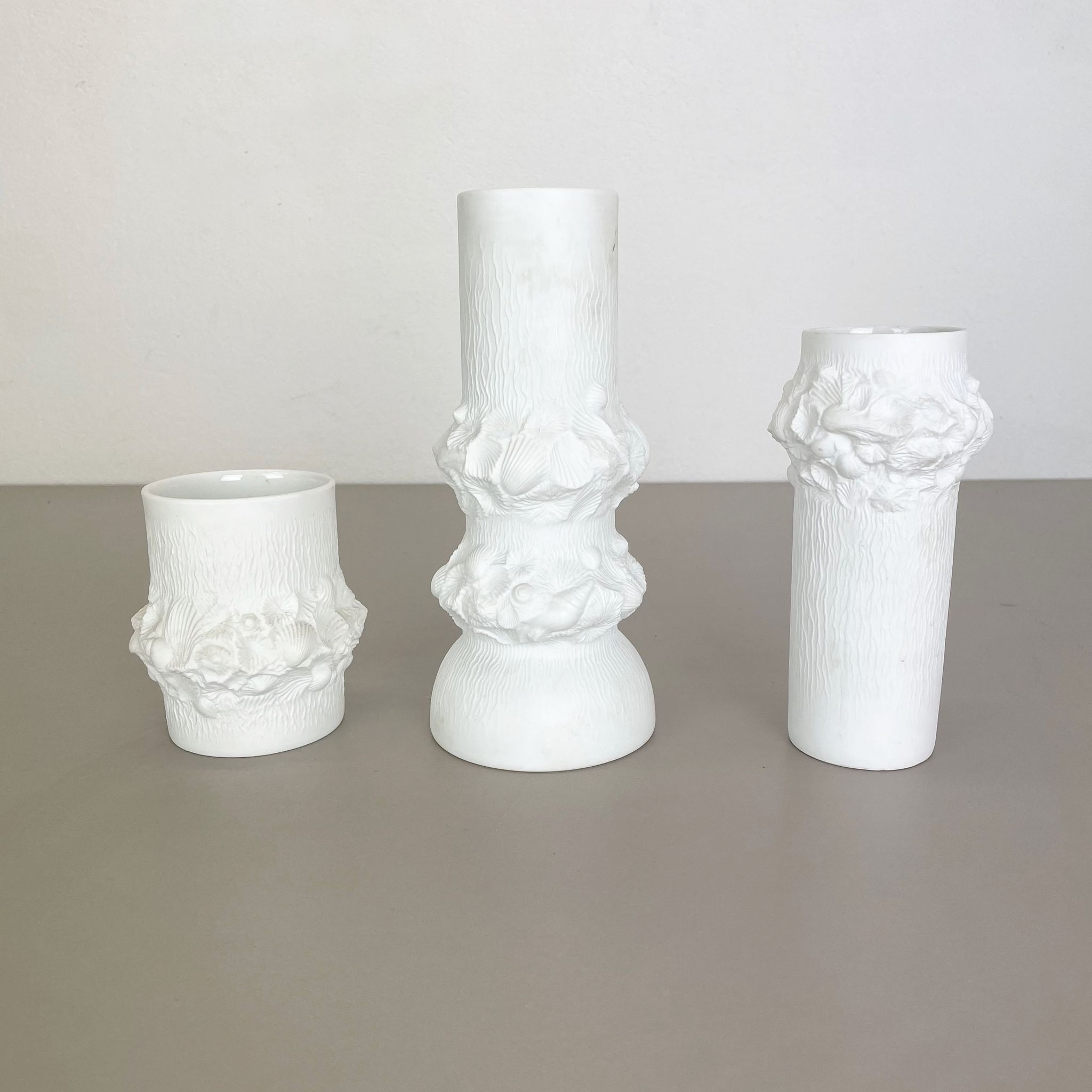 Set of 3 Original OP Art Biscuit Porcelain Vases by AK Kaiser, Germany, 1970s