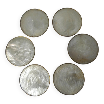 set of 6 vintage mother-of-pearl and brass coasters