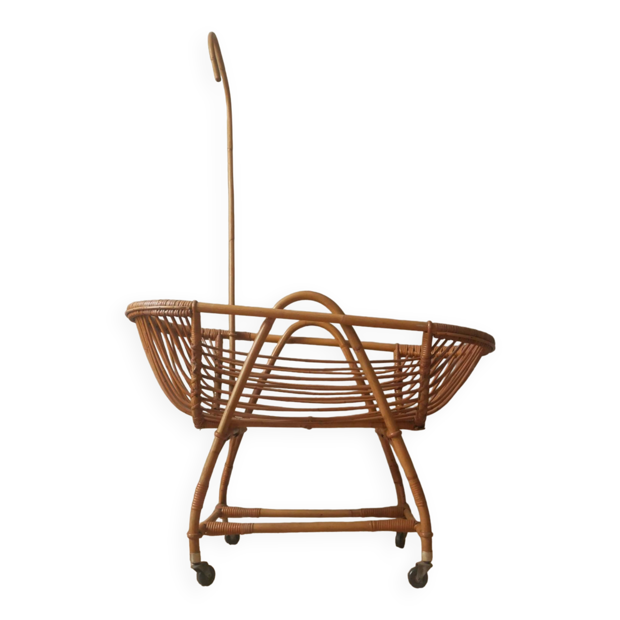 Vintage rattan cradle bassinet on wheels retro Scandinavian design baby bed
