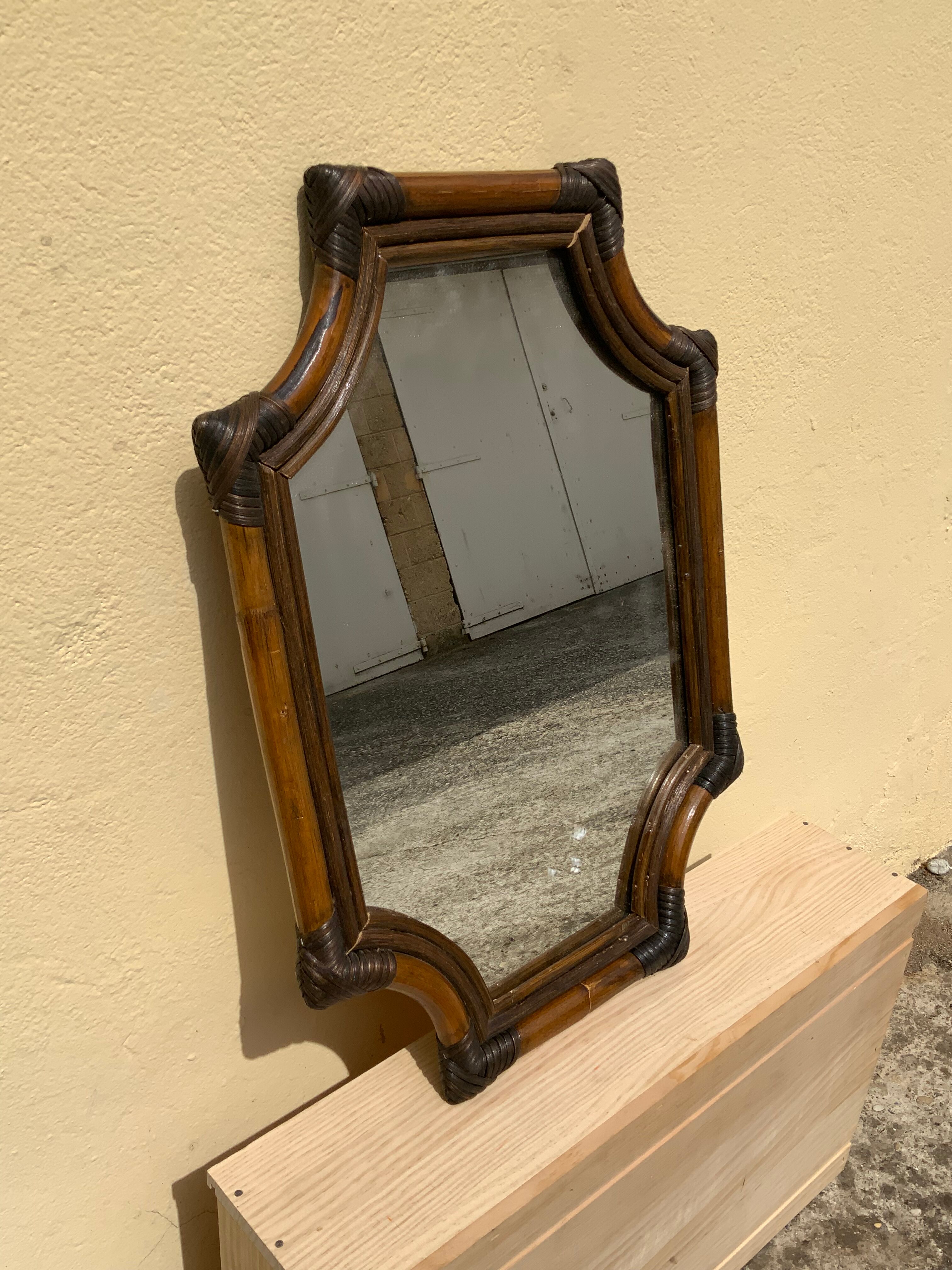 Large format retro decorative vintage wicker and rattan wood mirror