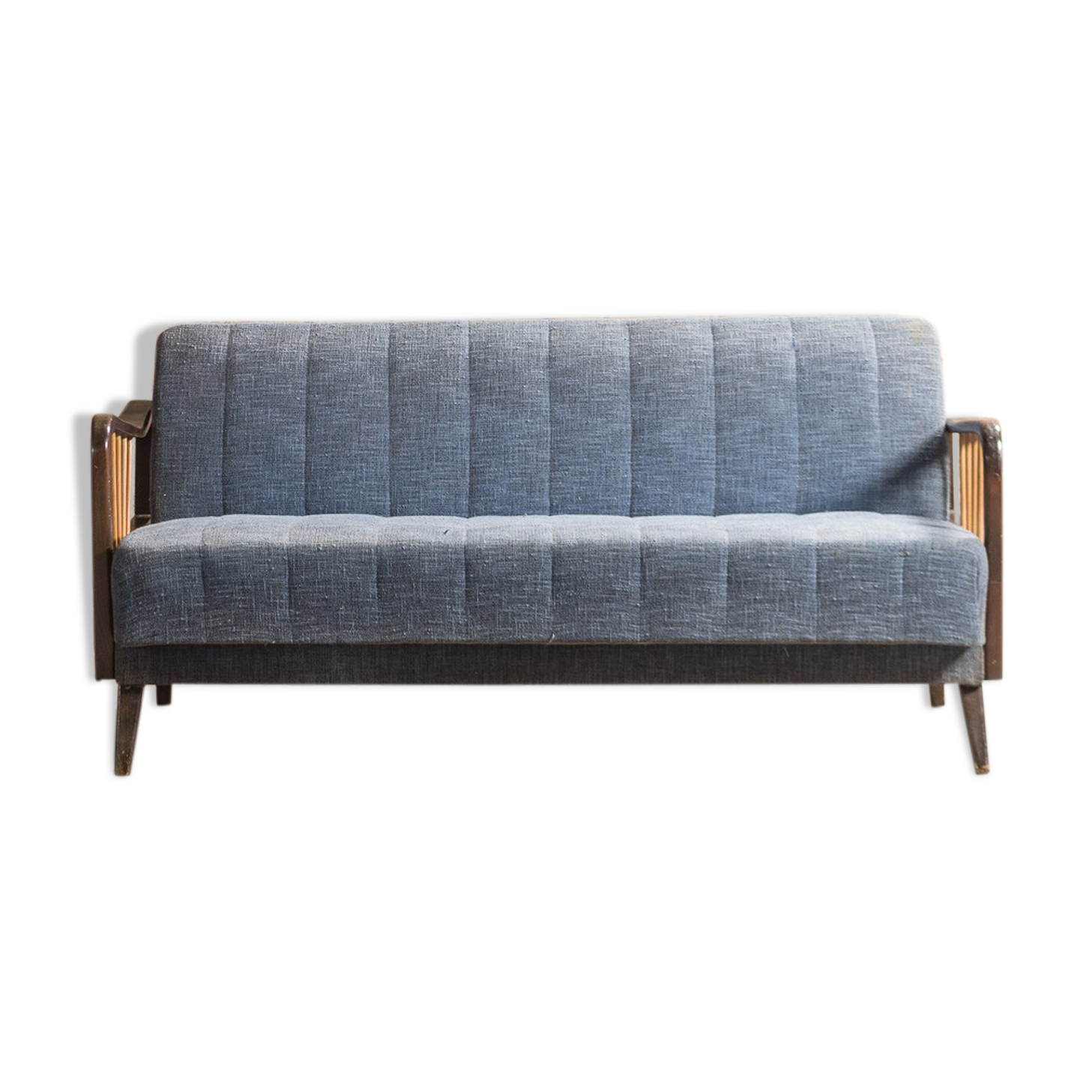 Sofa bed in solid beech with blue fabric, circa 1970