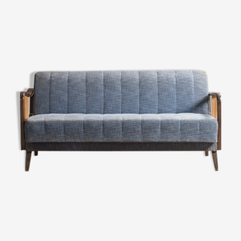 Sofa bed in solid beech with blue fabric, circa 1970