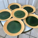 Set of 6 flat plates in green enamel ceramic salins model "capvern" years 60-70
