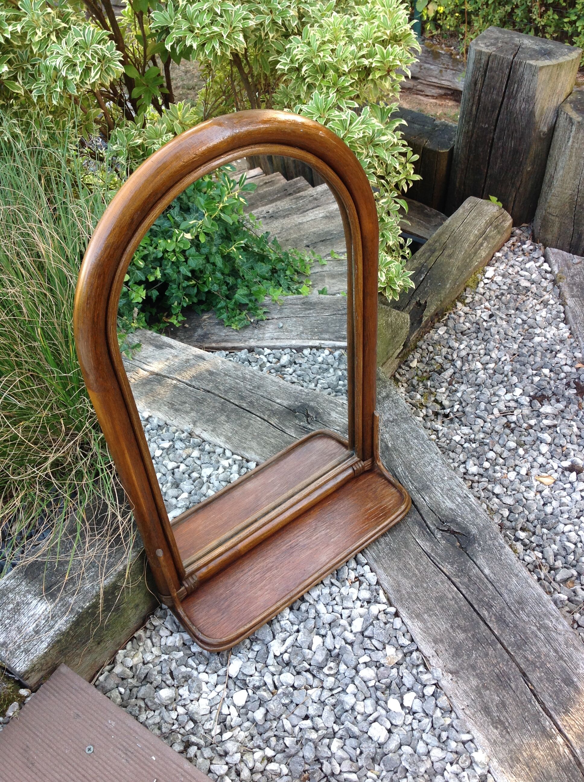 Arched rattan mirror with shelf/vintage 60s-70s
