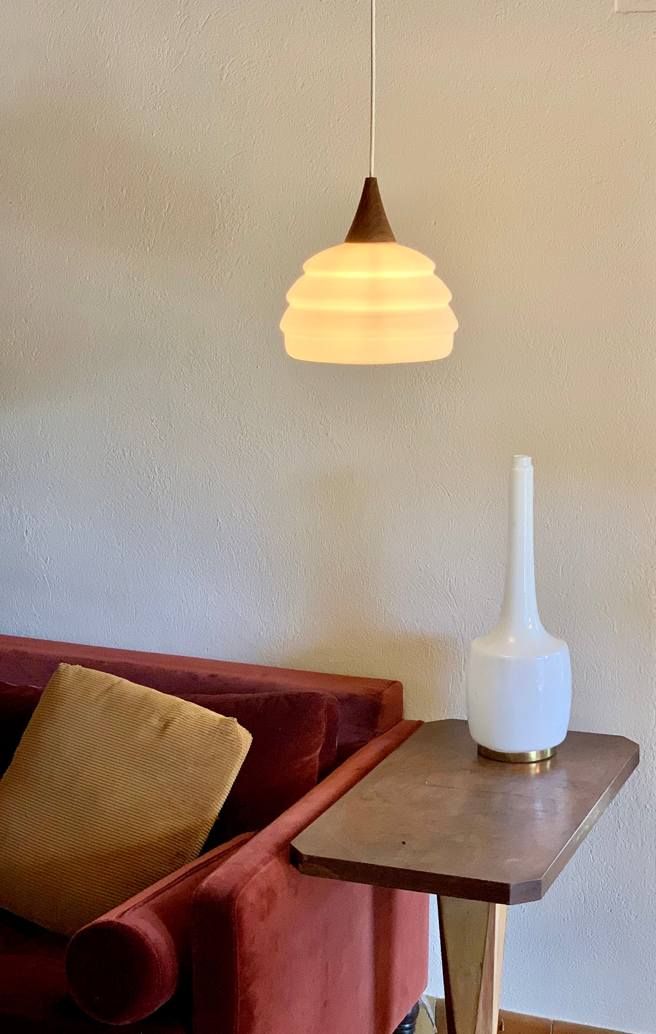 Vintage teak and opaline pendant lamp by Louis Kalff for Philips