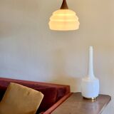 Vintage teak and opaline pendant lamp by Louis Kalff for Philips