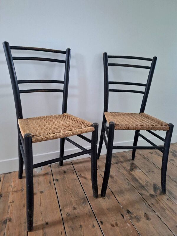 Chaises vintage assise tressée en cordage, meubles sièges anciens