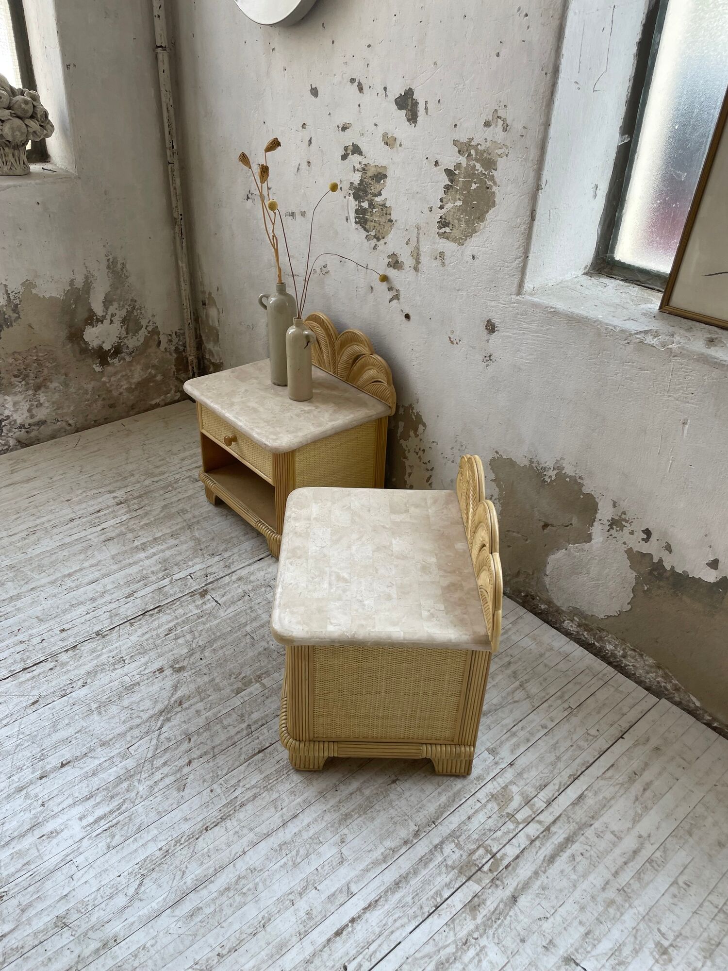 Pair of travertine bedside and rattan palm tree "vivai del sud"