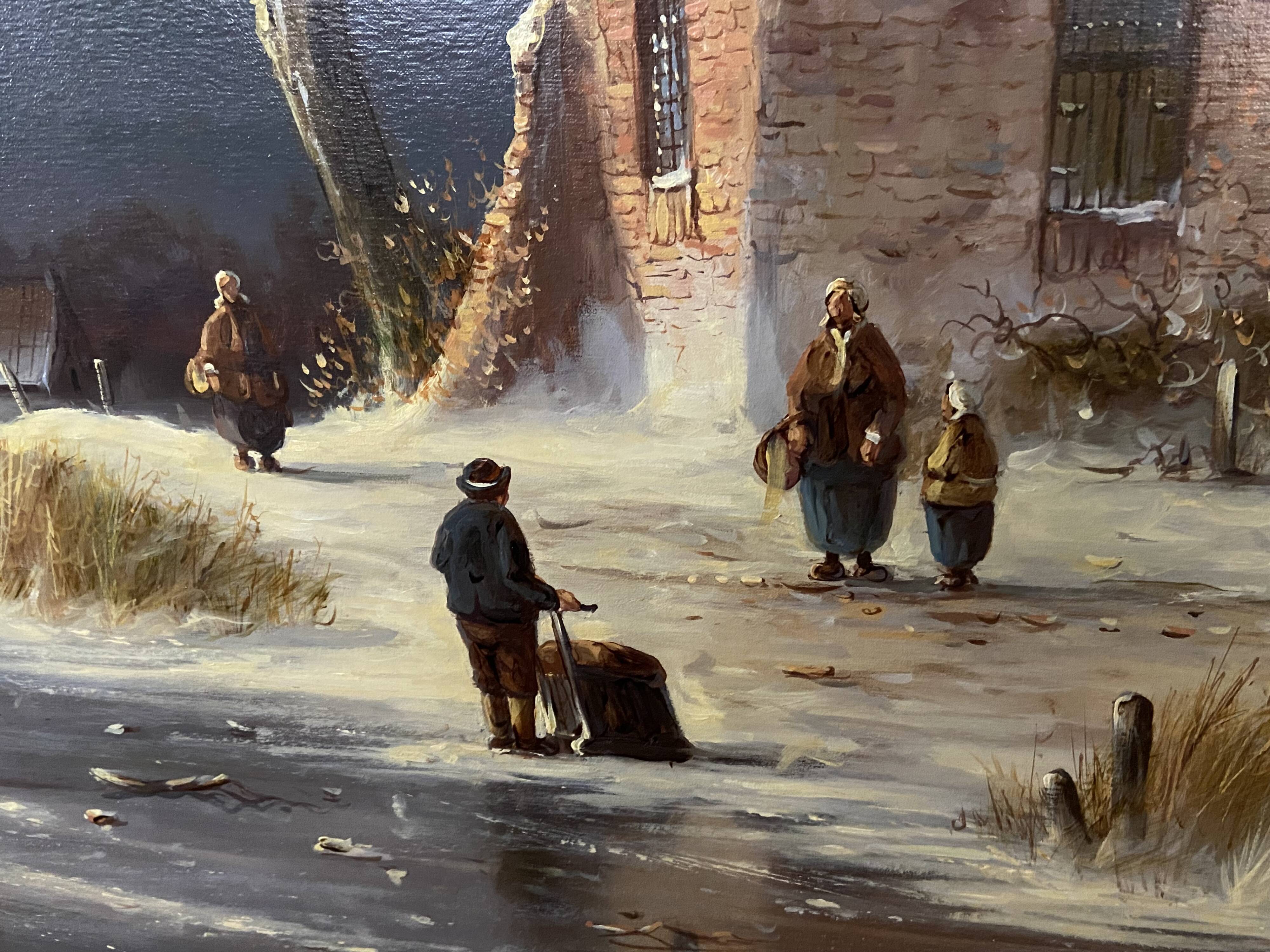 Huge oil painting on canvas Dutch school winter landscape 164x132