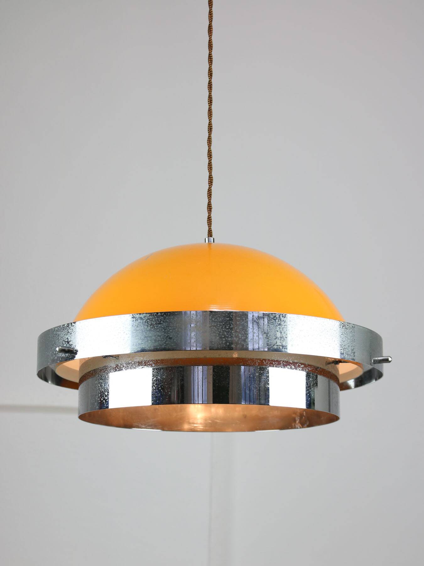 Space Age Italian Orange and Chrome Metal Pendant Lamp, 1970s