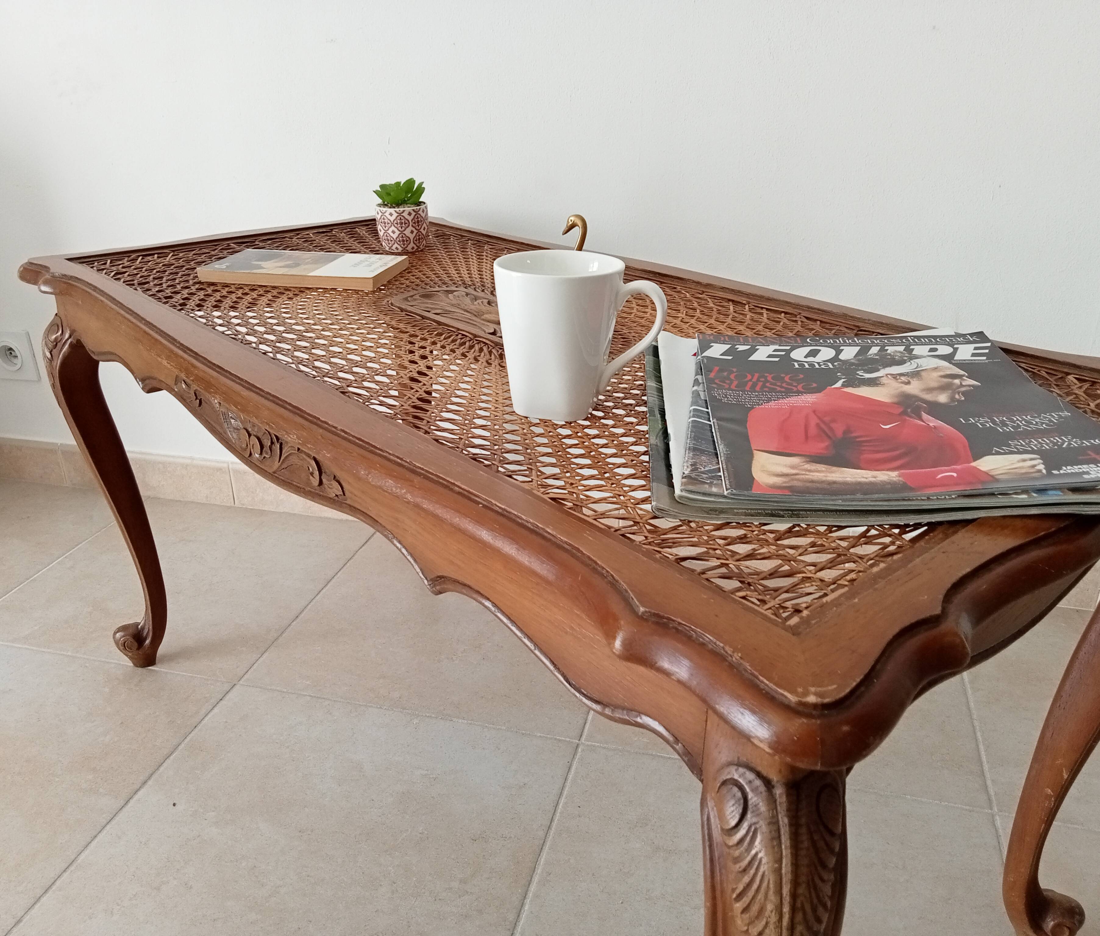 Vintage Chippendale coffee table in Louis XV style beech and rattan
