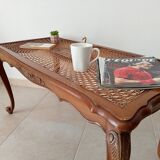 Table basse chippendale vintage en hêtre et rotin style Louis XV