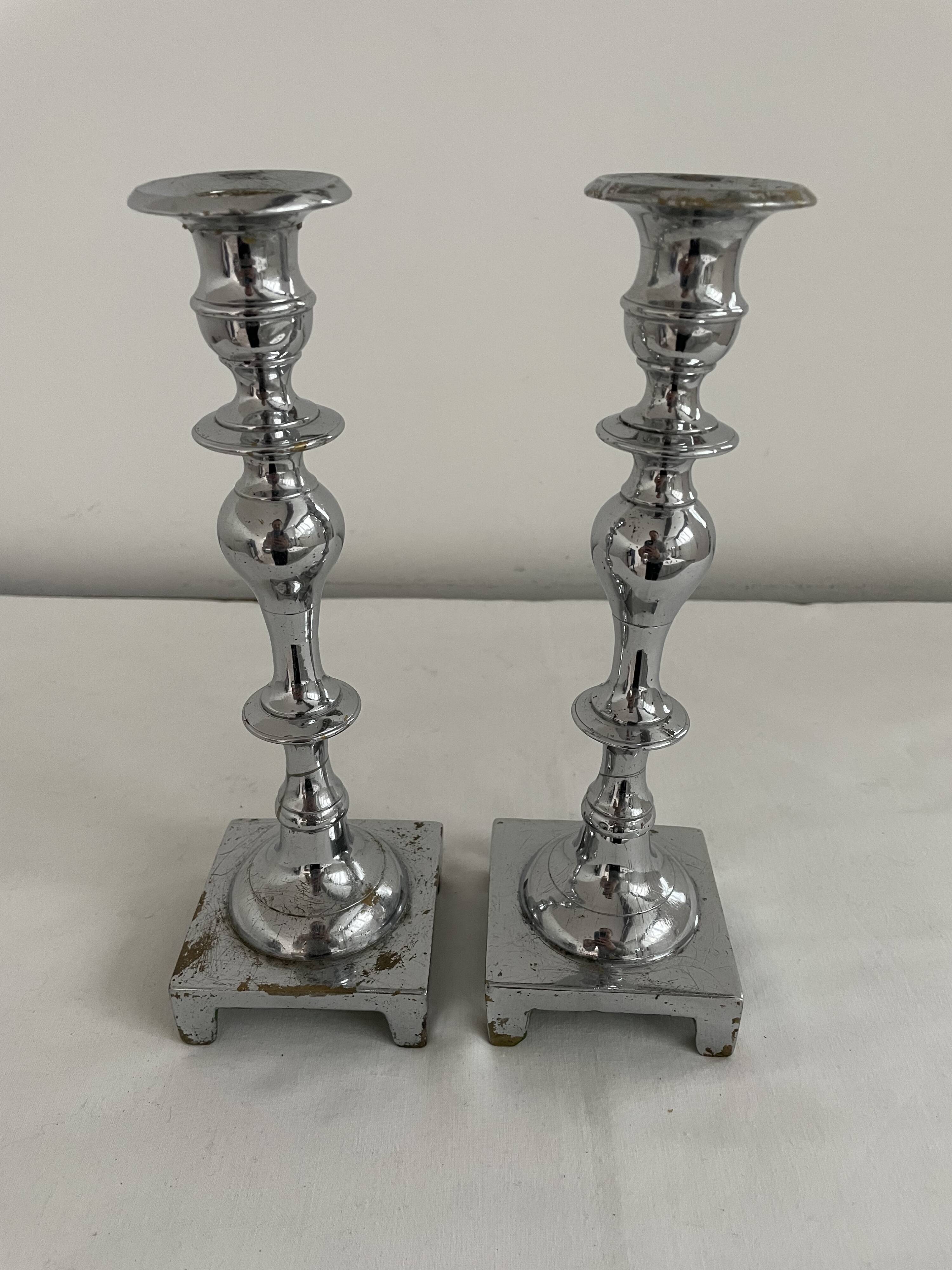 Large antique silver plated candlesticks, square base, pair, classic