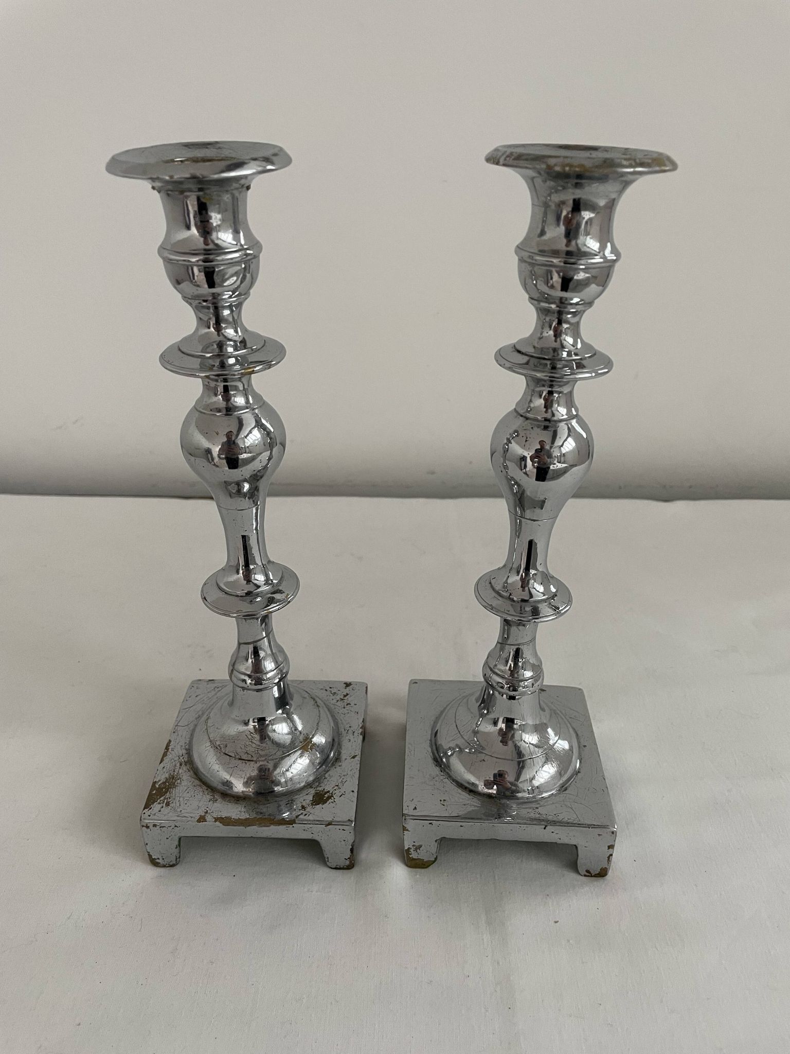 Large antique silver plated candlesticks, square base, pair, classic
