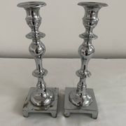 Large antique silver plated candlesticks, square base, pair, classic
