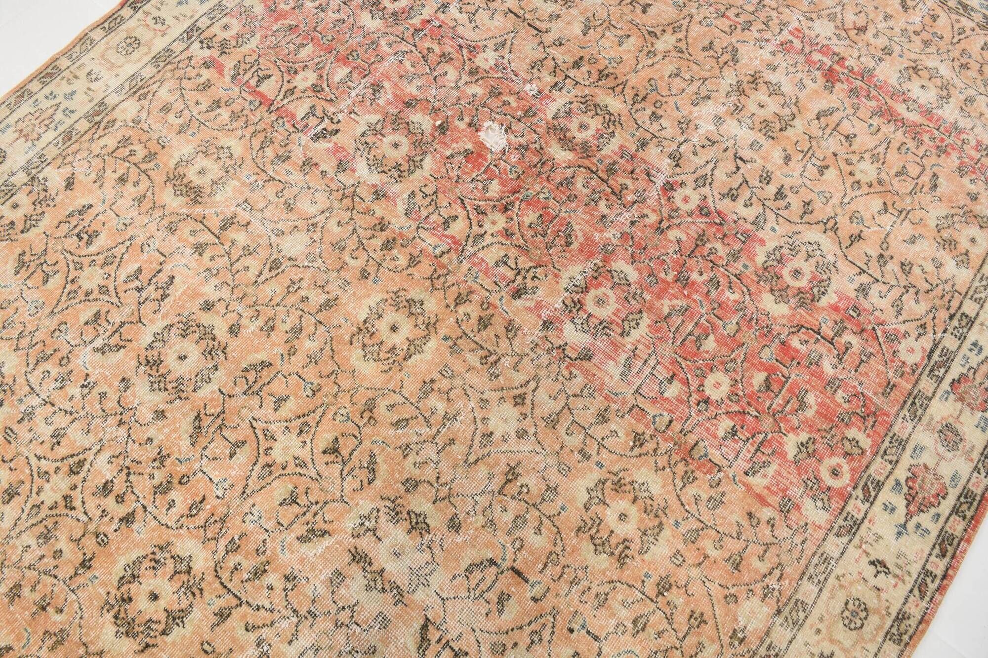 7x10 Vintage Peach Salmon Large Area Turkish Vintage Rug, 210x301 Cm