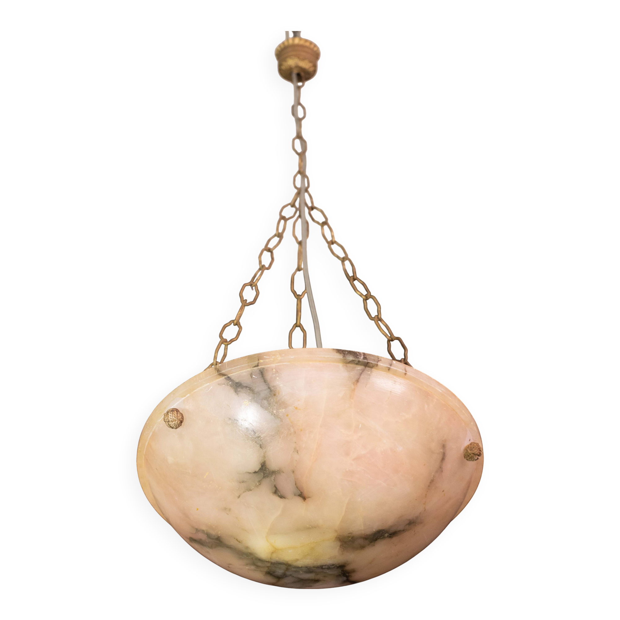 Art Decò Albaster white and pink chandelier, 1950s