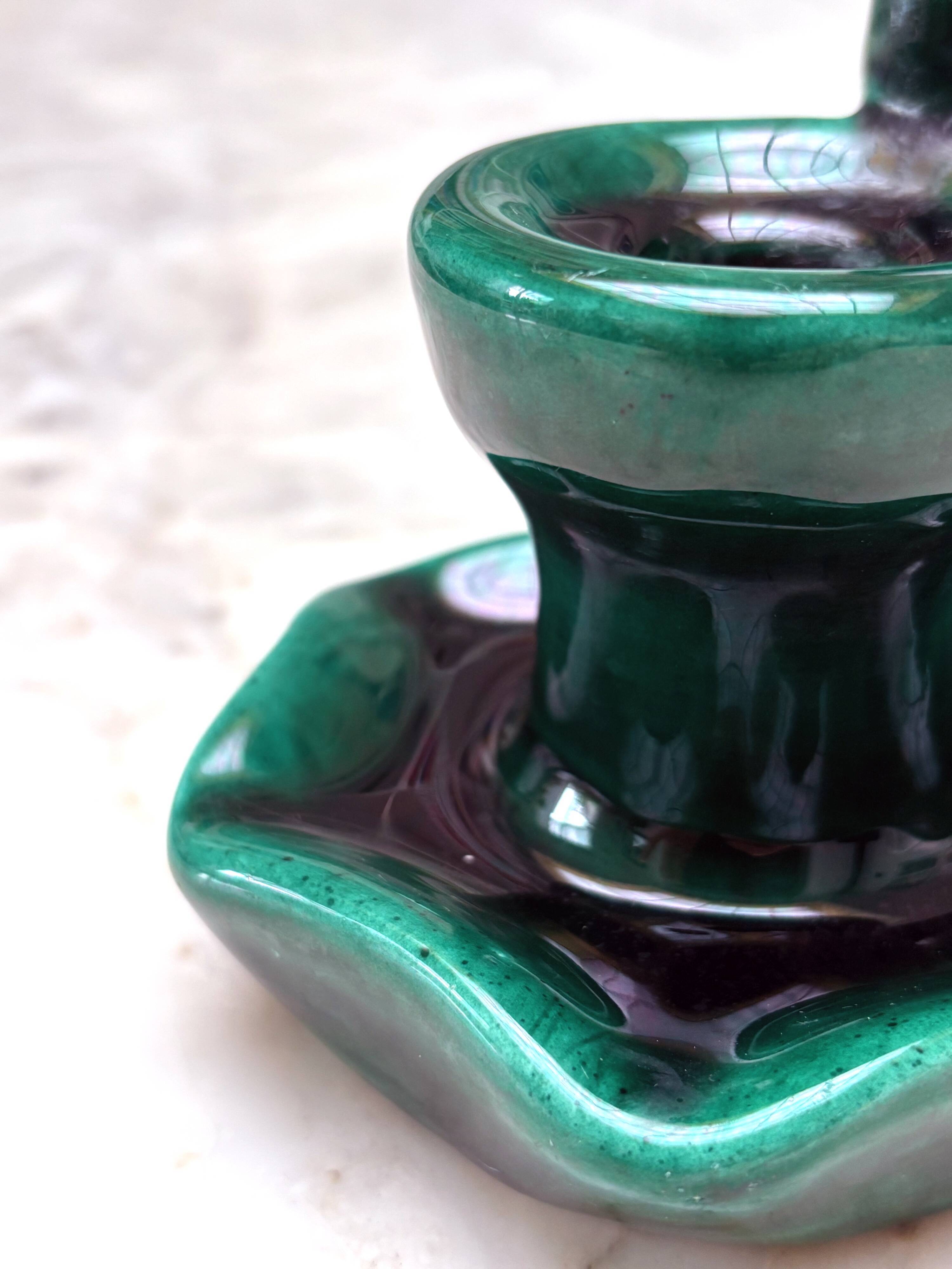 Beautiful vintage candle holder in green slip – glazed ceramic