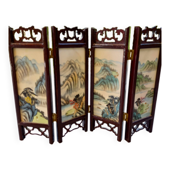 Mini Chinese screen in hand-painted marble and lacquered wood