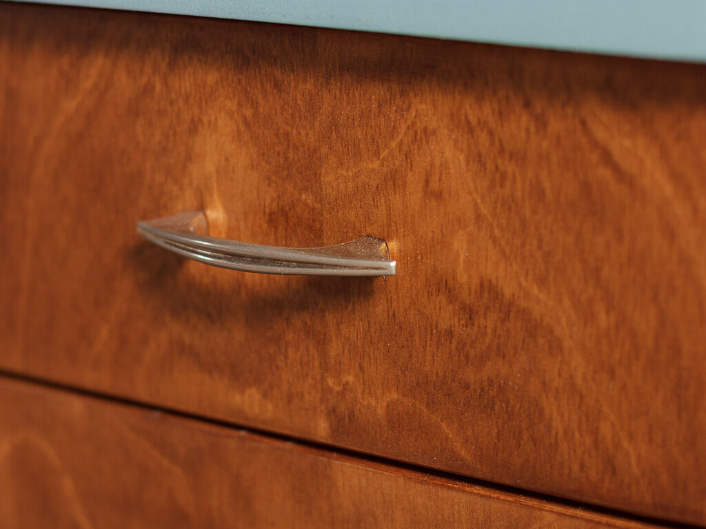 Pair of vintage bedside tables completely redesigned in blueberry on compass feet in solid oak tinted teak