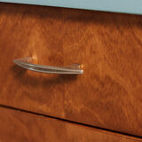 Pair of vintage bedside tables completely redesigned in blueberry on compass feet in solid oak tinted teak