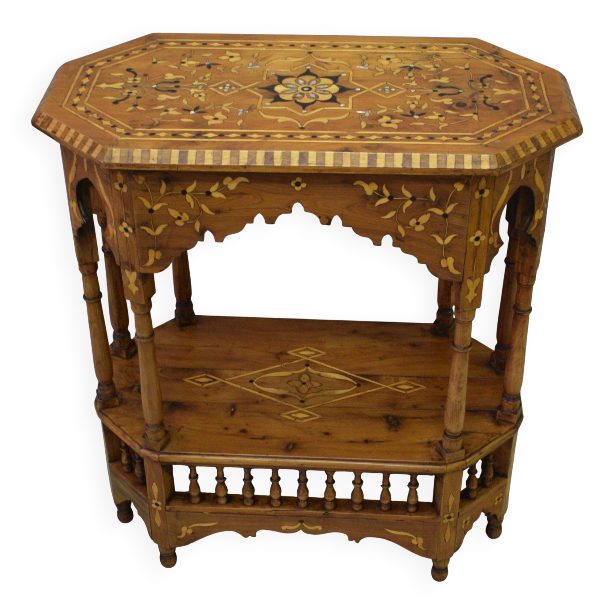 Oriental pedestal table in hexagonal shape made of cedar wood and marquetry