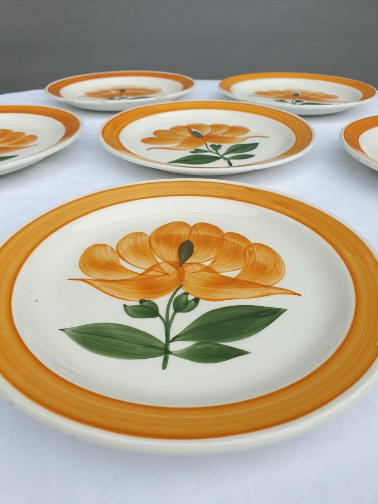 Set 6 plates Gien orange flower 1970 hand-painted decoration