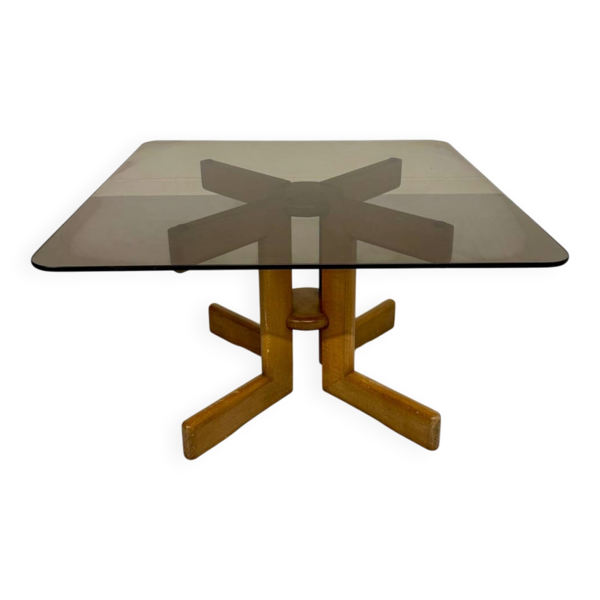Table basse vintage bois et verre fumé design scandinave annees 70